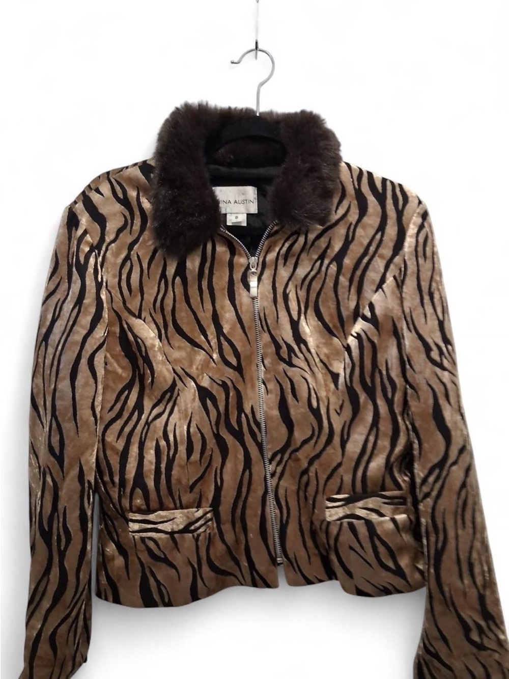 Nina Austin Tan and Black Zebra-Print Jacket with Faux Fur Collar